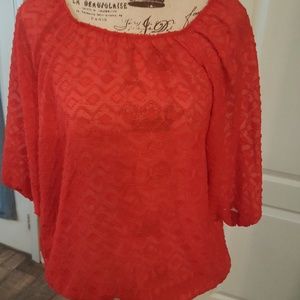 Red textured peasant style blouse 3/4 length sleev